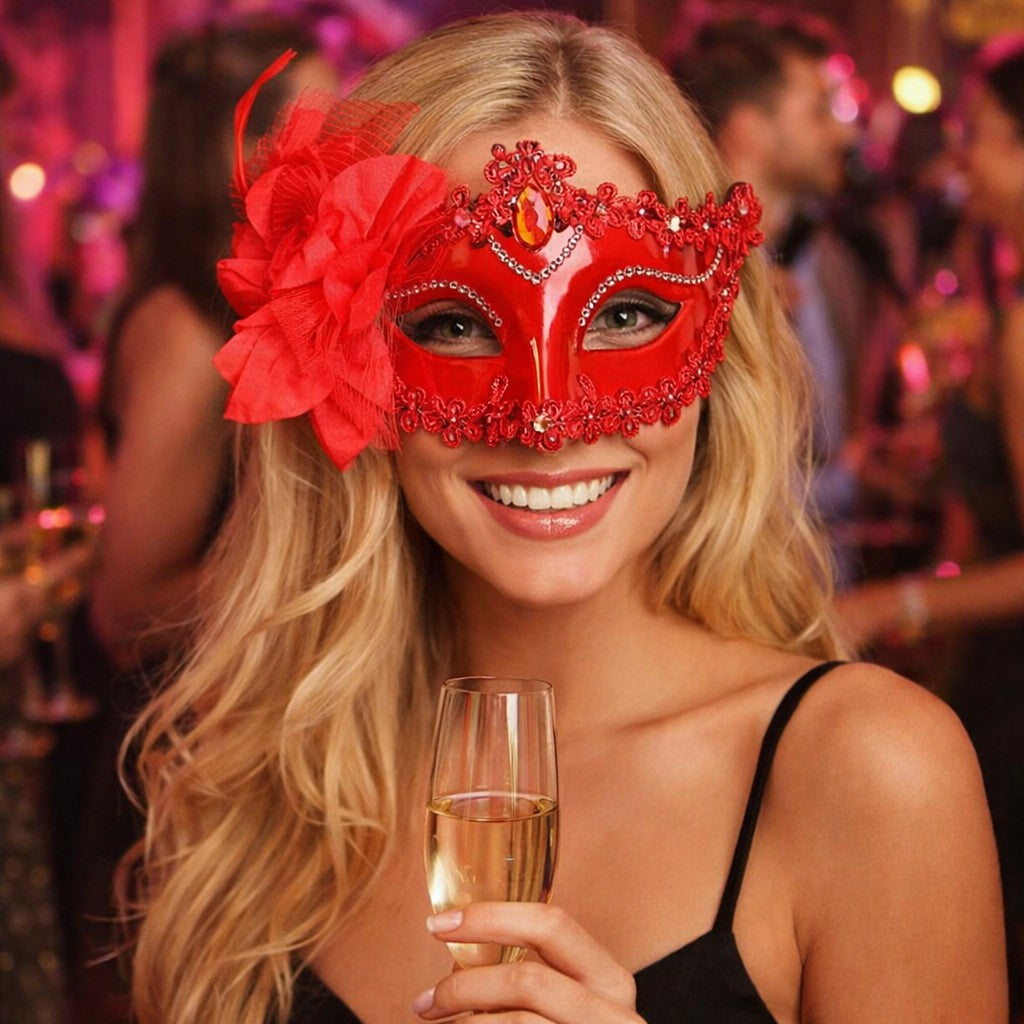 Luxury Flower Rhinestone Masquerade Mask, Elegant Venetian Half Face Mask for Women Halloween Party, Wedding and Themed Events