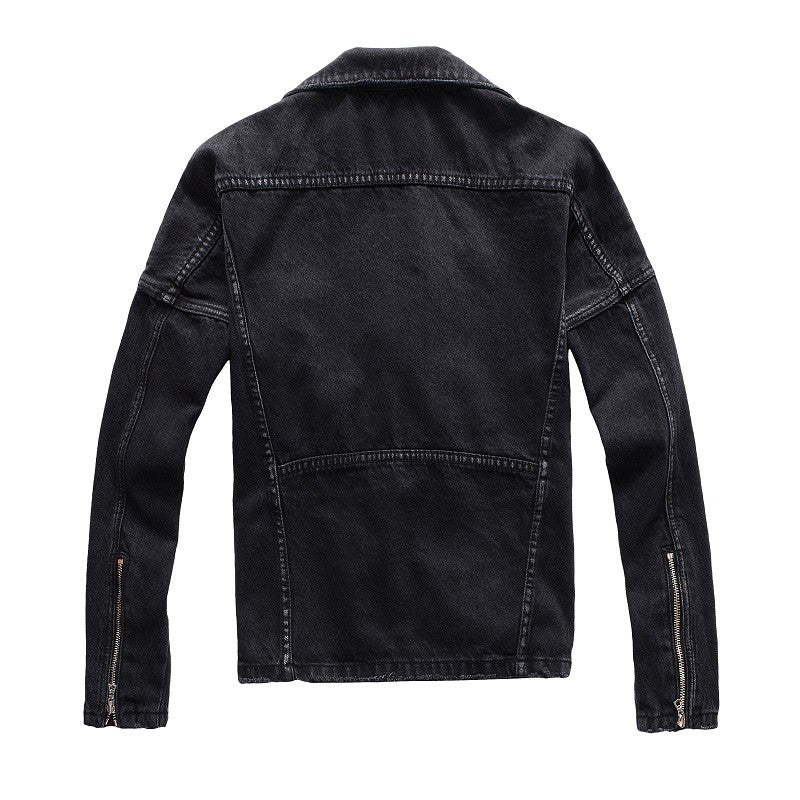 Sokotoo Men's zippers black biker jean jacket Streetwear thick denim slim coat with belt High quality