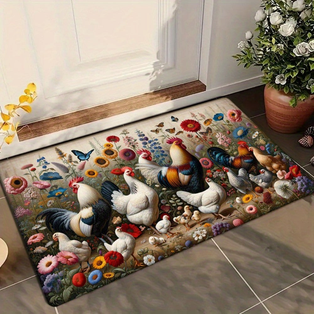 VIKAMA Rooster Floral Print Non-Slip Flannel Doormat Machine Washable Rug Suitable for Kitchen, Bathroom, Living Room, Bedroom