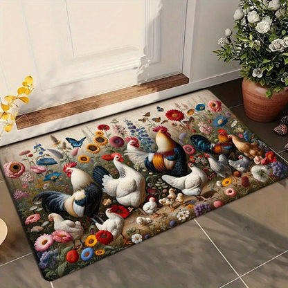 VIKAMA Rooster Floral Print Non-Slip Flannel Doormat Machine Washable Rug Suitable for Kitchen, Bathroom, Living Room, Bedroom