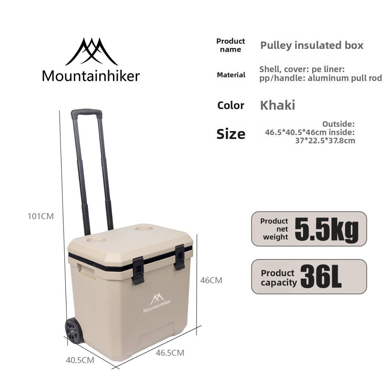 Refrigerador Externo MOUNTAINHIKER 36L com Rodas e Carrinho Incubadora Portátil Caixa Térmica Churrasco Carro Polia Caixa Térmica Caixa Refrigeradora