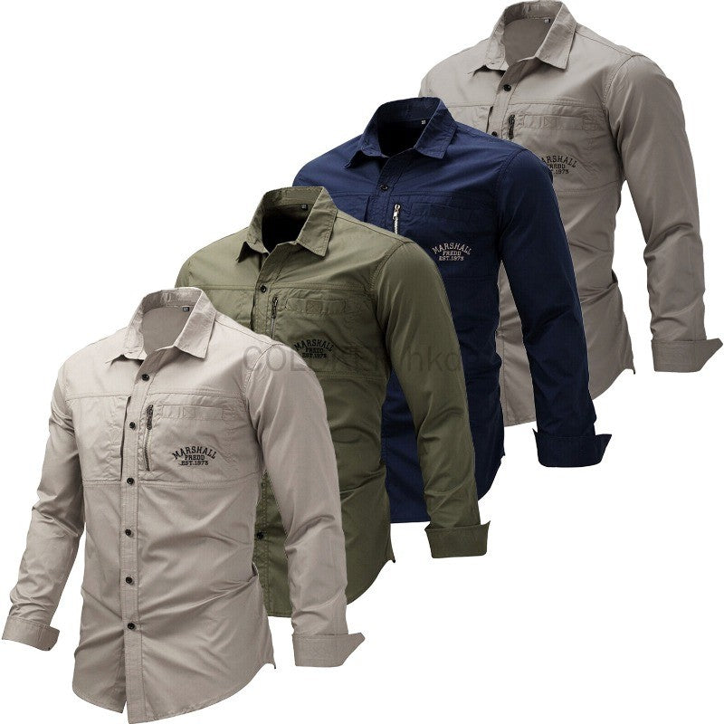 European Size Men's Shirt Cotton Multi-Pocket Button Up Green Navy Cargo Shirt Long Sleeve Button Down Hiking Fishing Work Shirt