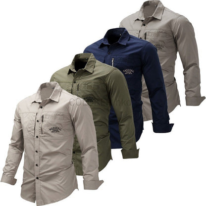 European Size Men's Shirt Cotton Multi-Pocket Button Up Green Navy Cargo Shirt Long Sleeve Button Down Hiking Fishing Work Shirt