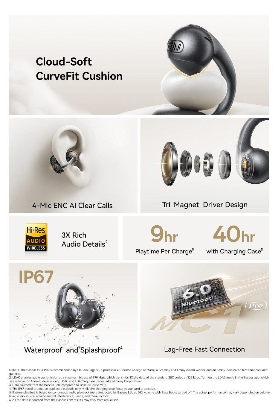 Fones de ouvido sem fio Baseus MC1 Pro Ear Clip Bluetooth 6.0 Hi-Res Ultra Open Earbuds Tipo brinco 4 microfones ENC fones de ouvido com clipe
