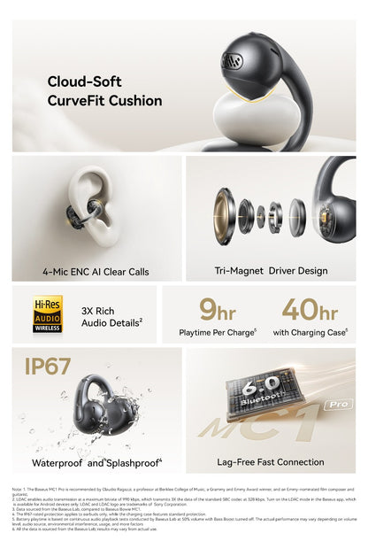 Fones de ouvido sem fio Baseus MC1 Pro Ear Clip Bluetooth 6.0 Hi-Res Ultra Open Earbuds Tipo brinco 4 microfones ENC fones de ouvido com clipe