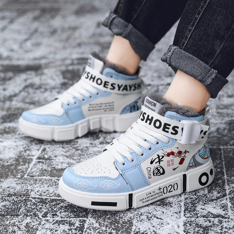 Mens Board Shoes 2025 Winter New High Top Winter Warm Casual Sports Shoes Flat Cotton Comfortable Outdoor Walking Shoes for Men