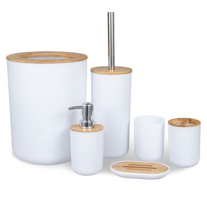 6 peças/conjunto caixa dispensadora de sabonete escova sanitária garrafa de loção lata de lixo bambu plástico conjunto de armazenamento de banheiro suporte para escova de dentes e copo