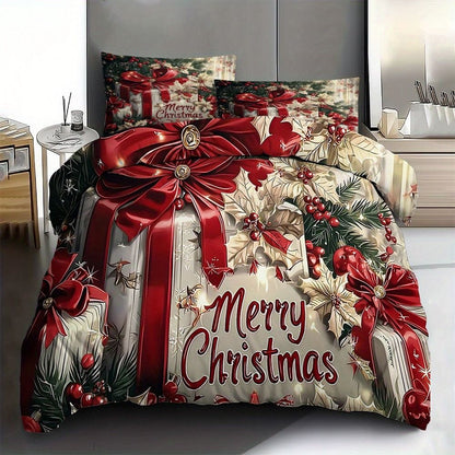 Conjunto de Cama de Natal Laço Vermelho Flores Estampadas Capa de Edredom Aconchegante Tamanho King Queen Solteiro Presente de Ano Novo Natal Decoração de Quarto