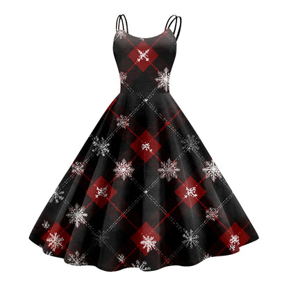 High Quality Cute Women's Casual Fashion Round Neck Christmas Print Mid-Length Dress Pretty Sweet Christmas Suspender Dress