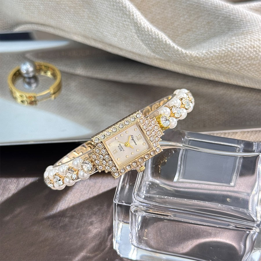 French Romantic Double-Row Exquisite Small Pearl Bracelet Watch Square Diamond-Encrusted Light Luxury Ladies Quartz Watch