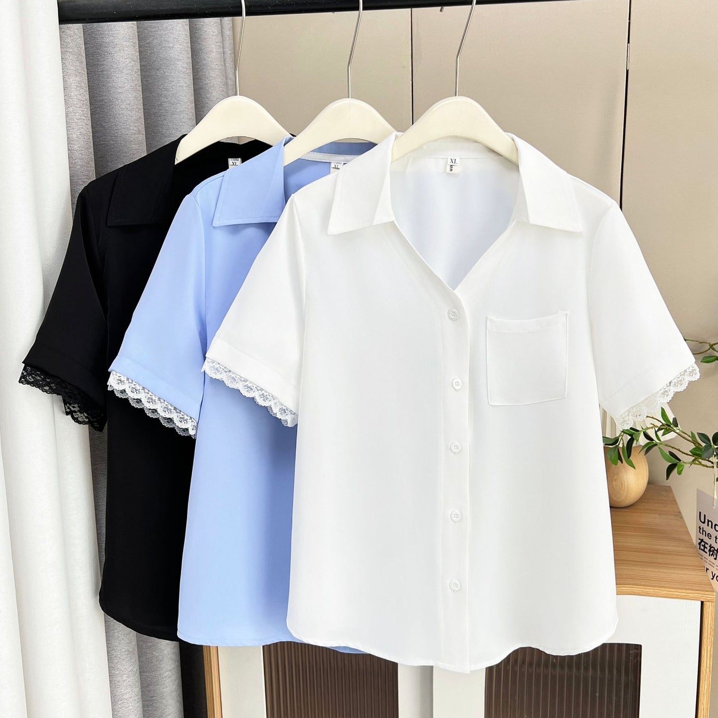 Plus Size Women's Summer New Style Lace Sleeve V-Neck Short Sleeve Shirt Fresh And Elegant Fashionable Blouse Polyester Fabric