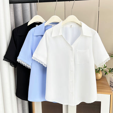 Plus Size Women's Summer New Style Lace Sleeve V-Neck Short Sleeve Shirt Fresh And Elegant Fashionable Blouse Polyester Fabric