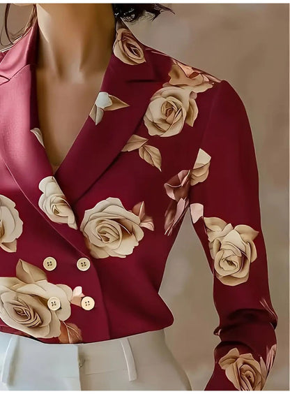 Fashion Flower Print Shirts For Women 2025 Autumn Winter Long Sleeve Turn-down Collar Loose Blouses Tops Elegant