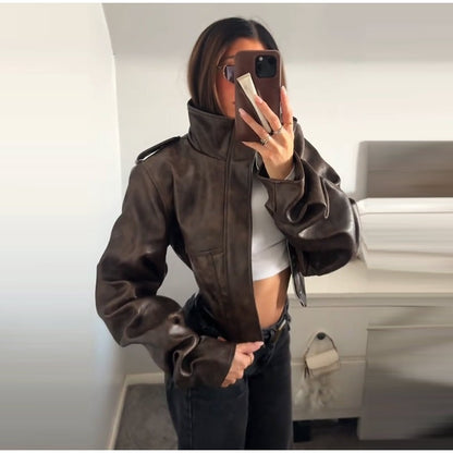 Vintage Women's Cropped Faux Leather Jacket Stand Collar Balloon Sleeve Biker Style PU Leather Coat Streetwear Fashion Outfit
