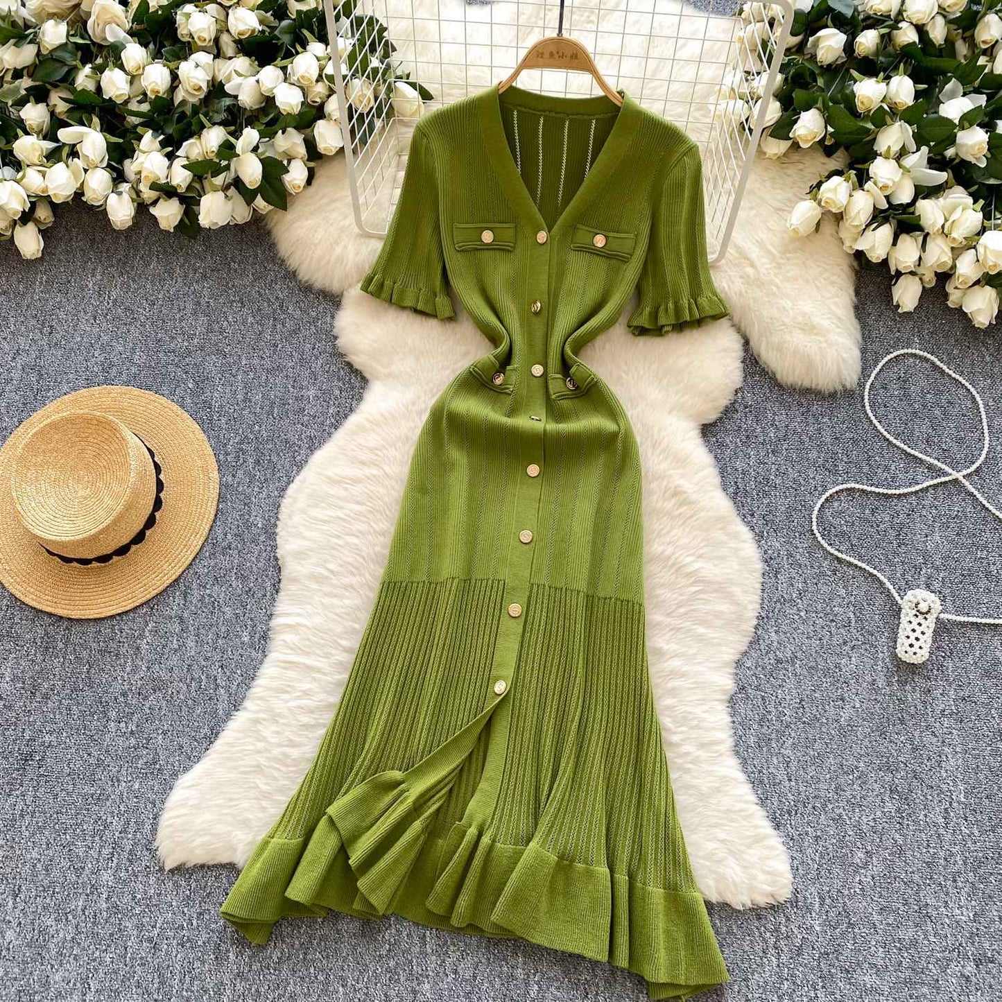 SINGREINY Summer OL Knit Dress 2025 Women V Neck Button Design Slim Mermaid Sund