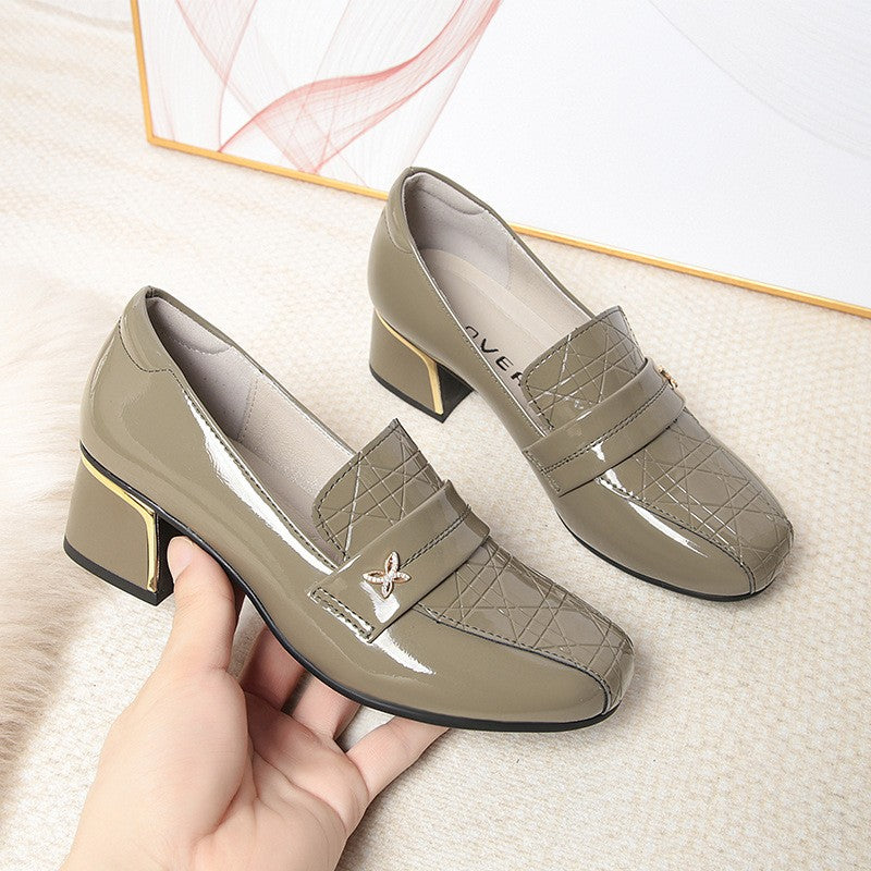4.5cm British Style Deep Mouth Block Heels Shoes Women Loafers Bright Leather 2024 Spring Soft Leather Shoes for Office Mom