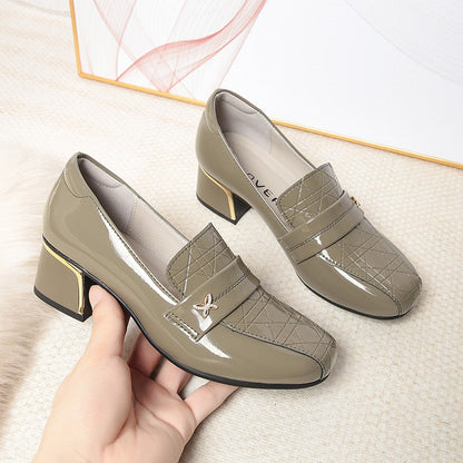 4.5cm British Style Deep Mouth Block Heels Shoes Women Loafers Bright Leather 2024 Spring Soft Leather Shoes for Office Mom