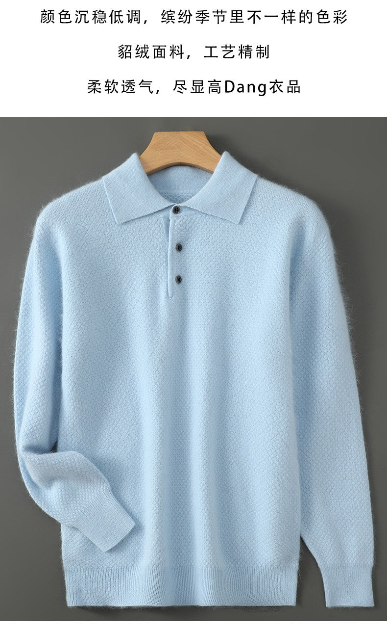 Autumn And Winter New Mink Cashmere Sweater Men's POLO Collar Thickened Loose Lapel Cashmere Long Sleeve Knit Bottoming Shirt