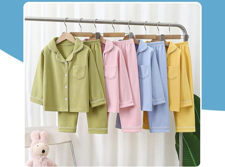 New Autumn Winter Kids Thermal Pajamas Set, Boys and Girls Fleece Long Sleeve Lapel Home Wear Two-Piece Outfit