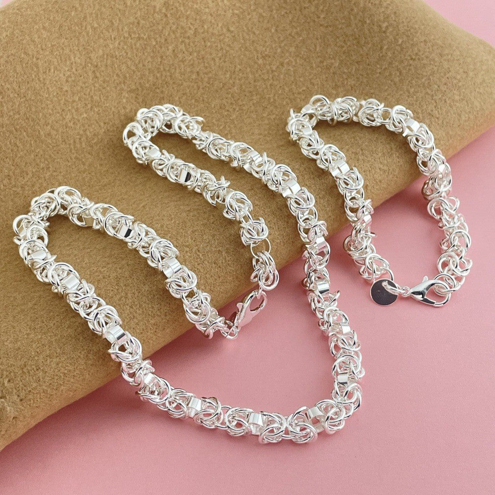 925 Sterling Silver Jewelry Set Braided Multi-ring Shrimp Clasp Necklace Bracelet Set Women's Fashion Simple Party Jewelry Gift