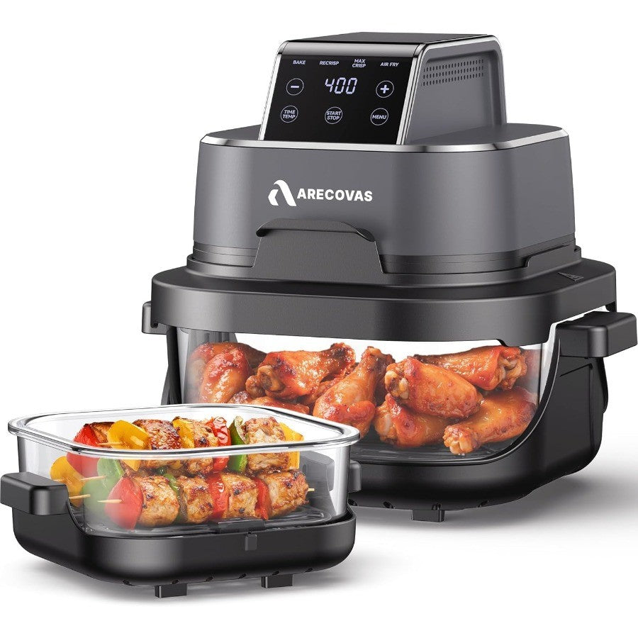 Fritadeira de ar portátil de vidro 4 em 1 com calor preciso de 60-200°C Tecnologia Max Crisp Recipientes duplos de 4,2QT e 1,6QT com tampas Congelador Lavável na Máquina de Lavar Louça