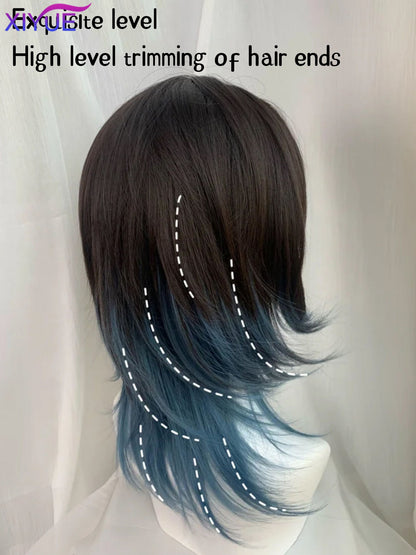 XIYUE synthetic Black And blue Mullet Head Wig Synthetic Straight Fluffy Natural Wolf Tail Hair for Daily Use Party Cosplay