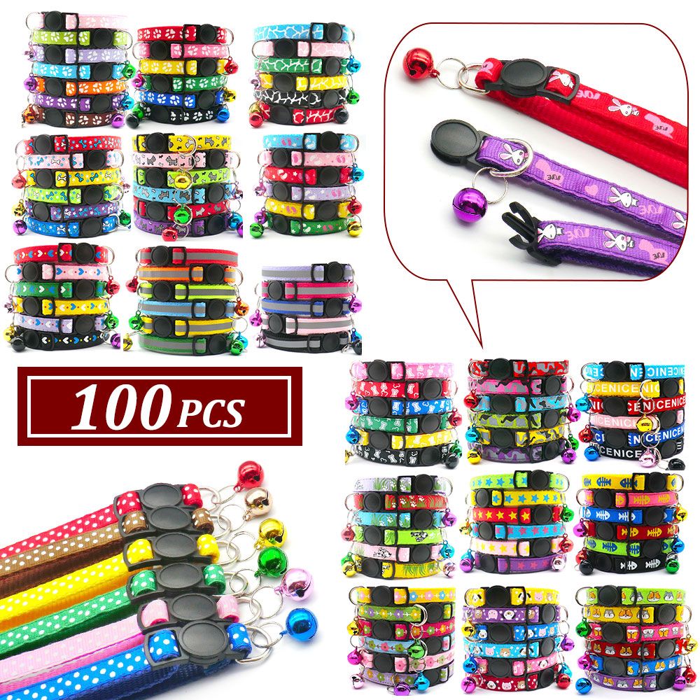 100Pcs Dog Collar With Bells Adjustable customize Necklace Puppy Kitten Collar Accessories Pet Shop Products Rabbit Neck Strap