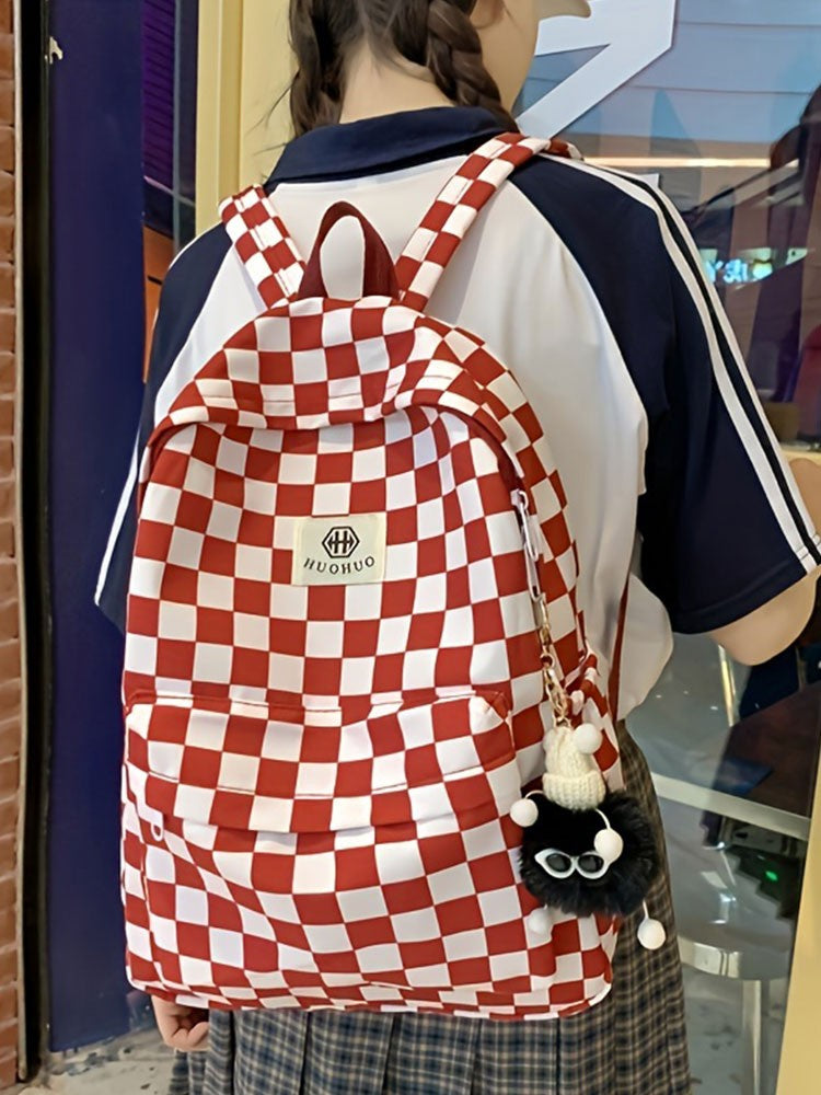 Mochila de lazer coreana com design xadrez de cores contrastantes, mochila diária do mesmo estilo, mochila casual simples para ensino médio e fundamental