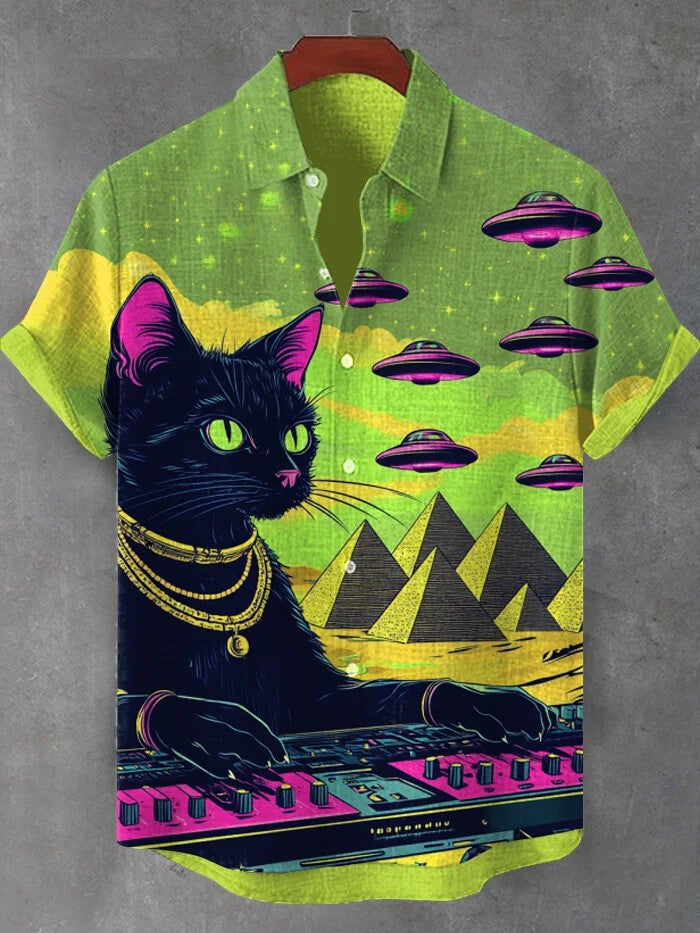 Men's Retro Cartoon Anime Cat Theme Short Sleeve Shirts Short Sleeve Tops Fashion Casual Vacation Streetwear Summer Men's Shirts