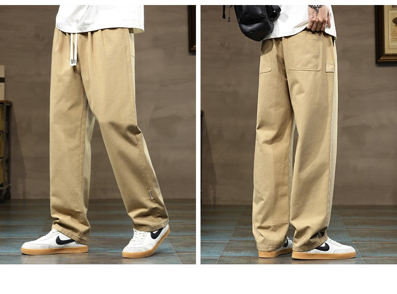 100% Cotton Men's Loose Wide Leg Pants Elastic Waist Fashion ArmyGreen Khaki Korean Streetwear Autumn Straight Trousers