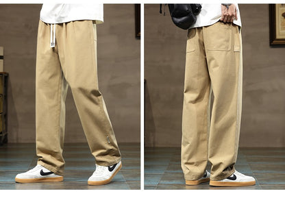 100% Cotton Men's Loose Wide Leg Pants Elastic Waist Fashion ArmyGreen Khaki Korean Streetwear Autumn Straight Trousers