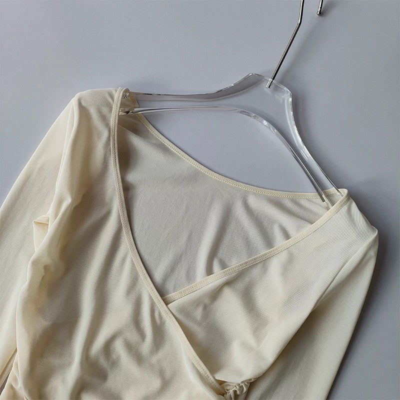 Quick Drying Yoga Sports Top V-Neck Cross Waist Mesh Breathable Fitness Long Sleeve Cover up for Women