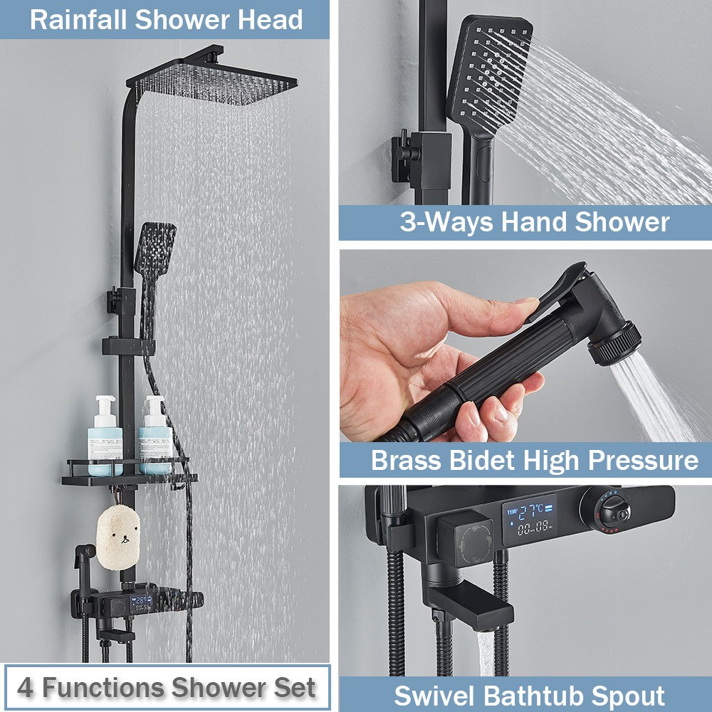 Black Digital Display Thermostatic Shower Faucet Bathroom Thermostatic 4 ways Rainfall Shower Mixer Tap,Shelf and Bidet Faucets