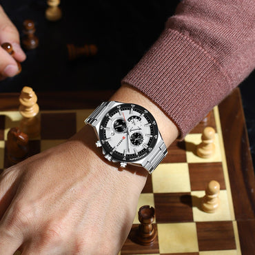 CURREN Classic 43mm Men's Watch Chronogrph Quartz Wristwatch with Stainless Steel Band Luminous Hands Auto Date