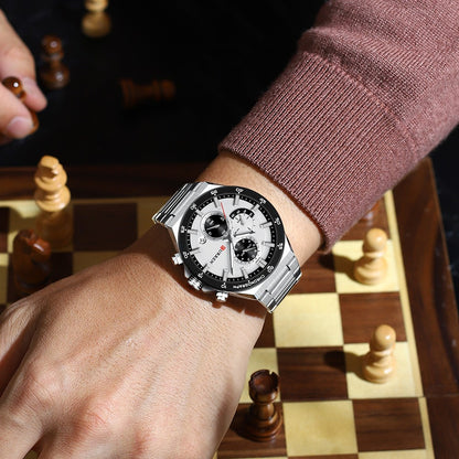 CURREN Classic 43mm Men's Watch Chronogrph Quartz Wristwatch with Stainless Steel Band Luminous Hands Auto Date