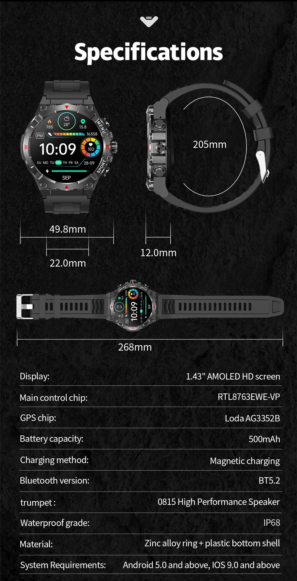 Smartwatch COLMI V76 GPS 2025 Tela AMOLED Ultra 1.43" Bússola e Altímetro Integrados Chamada Bluetooth Smart Watch Bateria 500mAh