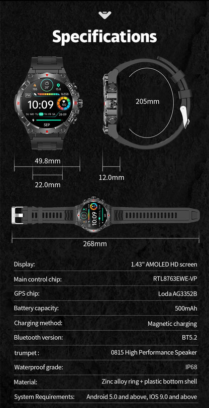 Smartwatch COLMI V76 GPS 2025 Tela AMOLED Ultra 1.43" Bússola e Altímetro Integrados Chamada Bluetooth Smart Watch Bateria 500mAh