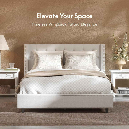 Queen Size Bed Frame, Upholstered in Natural Linen, Platform Bed with Wingback Headboard, Luxury Diamond Tufting, Heavy-