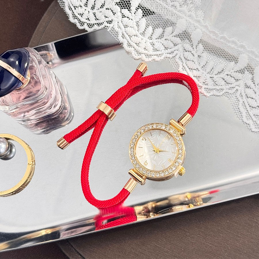 Ladies Colorful Nylon Pull-Style Bracelet Alloy Case Arabic Scale Printed Dial Christmas Quartz Watch Suitable for Holiday Gift