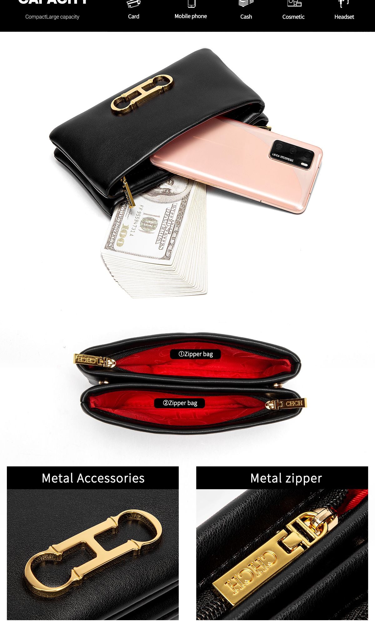 Fashionable Luxury Design 2024 Women's Solid Color Rectangular Handbag Business Party Letter Design Card Bag