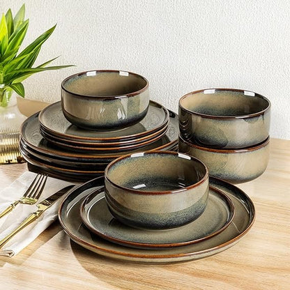 Handcrafted Terra Ceramic Dinnerware Set for 4, 12-Piece Reactive Glaze Plate and Bowl Set, Scratch-Resistant, Oven-Safe Dishwar