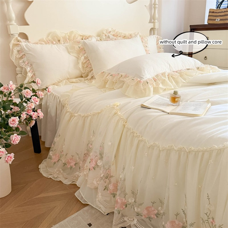 3pcs Korean style Duvet Cover Set (1*Duvet Cover + 2*Pillowcase, Without Core), Lace embroidery Bedding Set