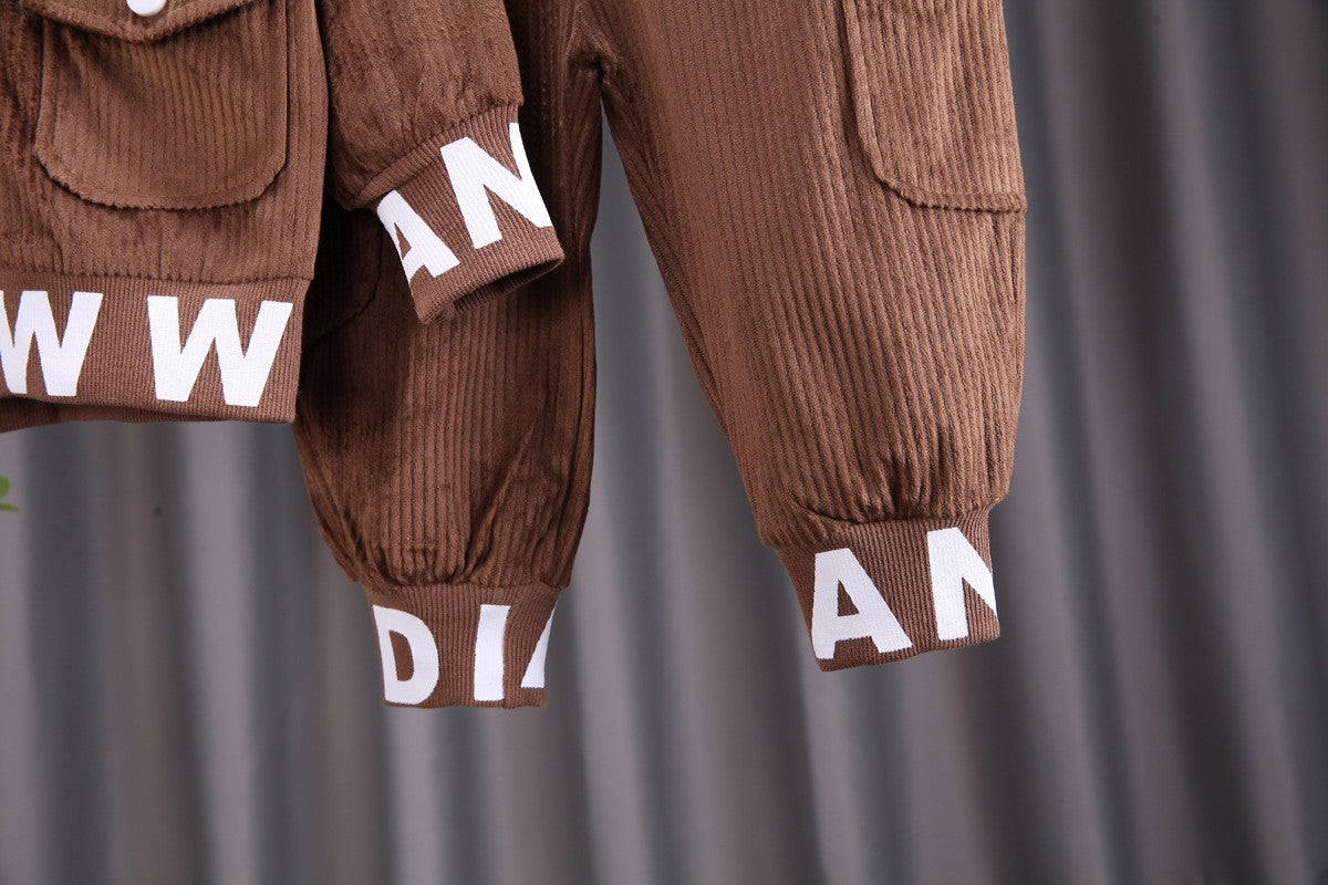 Baby boy clothes corduroy zipper long sleeved casual sports two-piece set for 0-5 year old fashionable girls with top and pants