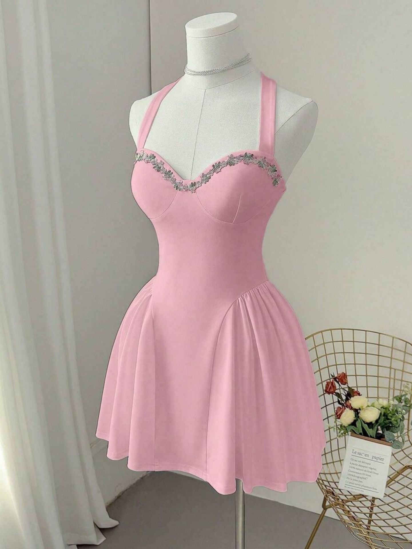 Women Summer Sweet Pink Knittd Mini Suspender Dress Sleeveless Heart Neck Waist Cinching Pleated A-Line Fashion Elegant Dress