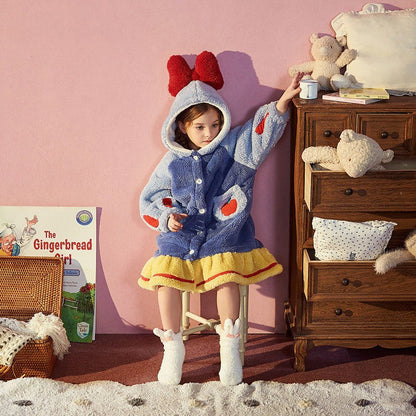 Disney Snow White Kids Hooded Robe Winter Princess Child Thick Keep Warm Long Nightgown Front Button Coral Fleece Soft Bathrobe