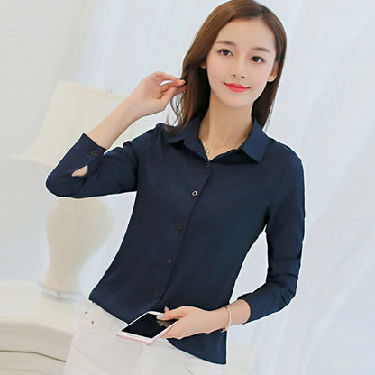 GAOKE OL Work Wear White Blue Blouse  Long Sleeve Turn-down Collar Formal Elegant Female Shirt Ladies Tops School