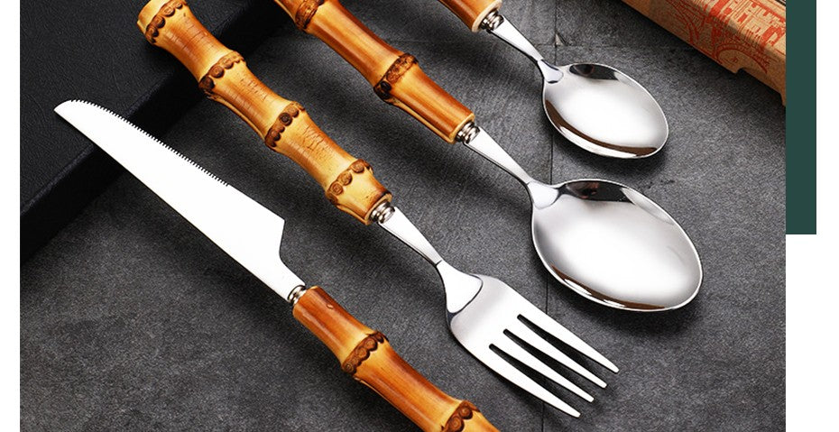 Conjunto de Talheres com Cabo de Bambu Natural, Talheres de Aço Inoxidável, Talheres de Cozinha, Inclui Garfos Colheres Facas Talheres