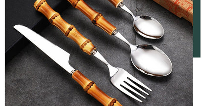 Conjunto de Talheres com Cabo de Bambu Natural, Talheres de Aço Inoxidável, Talheres de Cozinha, Inclui Garfos Colheres Facas Talheres