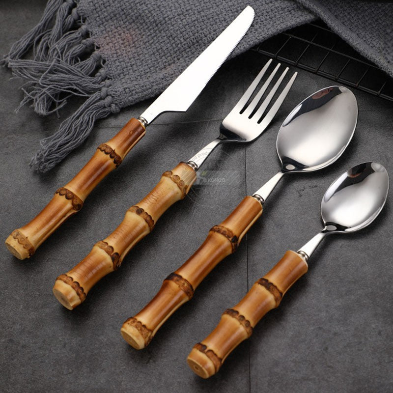 Conjunto de Talheres de Bambu 1 peça/4 peças Aço Inoxidável Dourado Faca Garfo Colher Louça Talheres Seguros para Lava-louças Conjunto de Talheres