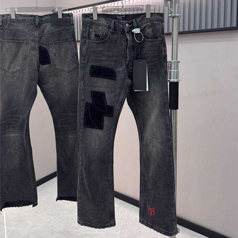 Top Melancholy Rich Second Generation E.R.D. JEANS Men Women Pant Fixed dye corduroy splicing ten thousand needle embroidery